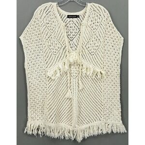 Antik Batik Sweater Medium Cream Crochet Fringe Tassel Boho Open Knit Poncho